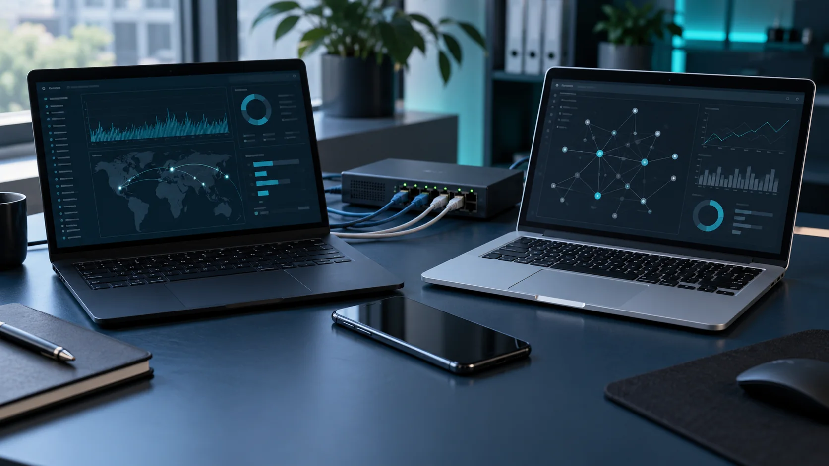 KI generiert: Smartphone, zwei Notebooks und ein Netzwerk-Switch auf einem Arbeitsplatz für die technische Sicherheitsanalyse