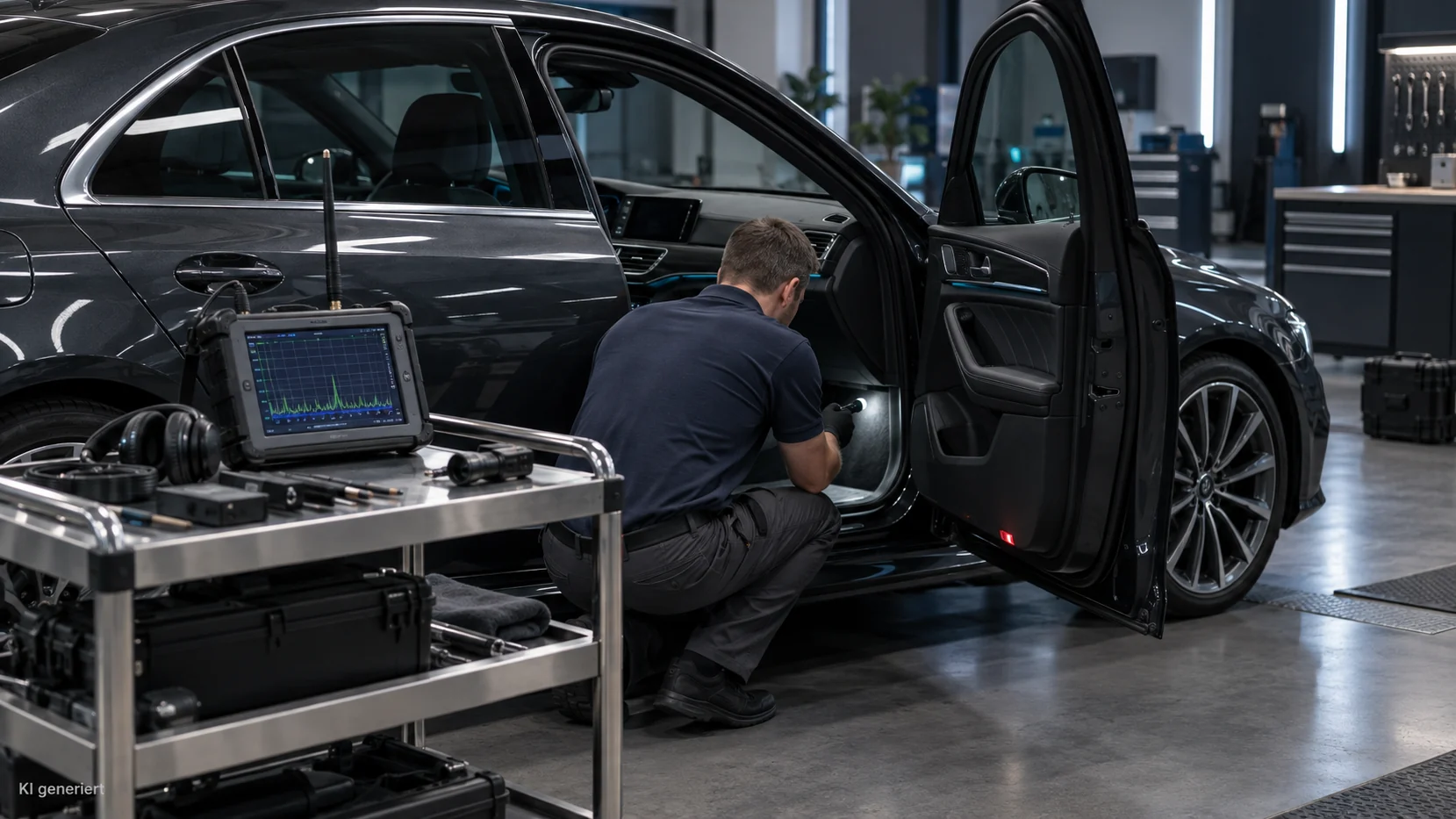 KI generiert: Technische Prüfung eines Fahrzeuginnenraums mit Messausrüstung im Vordergrund